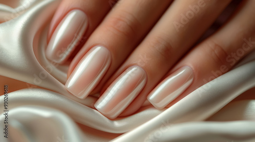 Close-up of well-manicured nails with a glossy, pearly white finish, resting on a smooth satin fabric, illustrating elegance and care.