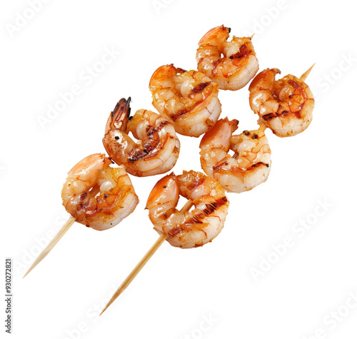 Appetizing grilled shrimp skewers, remarkably isolated on a pure transparent background 