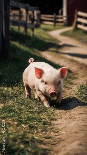 Adorable pink pig standing outdoors, farm animal close-up, cute domestic livestock on green grass background