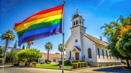 Vibrant rainbow pride flag waves proudly in front of a historic Episcopal church in Monrovia, California, symbolizing love, diversity, and inclusive community spirit.