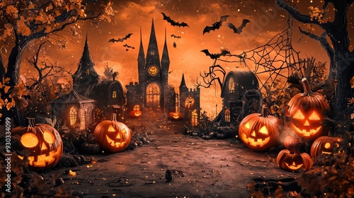 A spooky Halloween scene featuring glowing jack o lanterns, haunted castle, bats, and an eerie orange sky, evoking sense of mystery and excitement. 