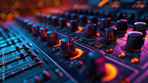 A close up view of music mixing console with illuminated knobs and sliders, creating vibrant and dynamic atmosphere. image conveys sense of creativity and excitement in music production. 