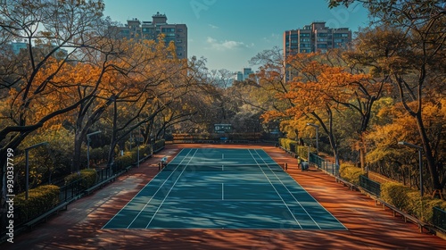 Autumn afternoon at an empty tennis court surrounded by colorful trees in an urban park