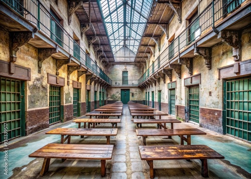 Historic prison interior in Berlin Lichtenberg, Germany, featuring worn wooden tables and benches, peeling paint, and metal bars, evoking a sense of nostalgia and confinement.