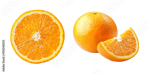 Vibrant Citrus Duo: Fresh Orange and Cross-Section Isolated on Transparent Background