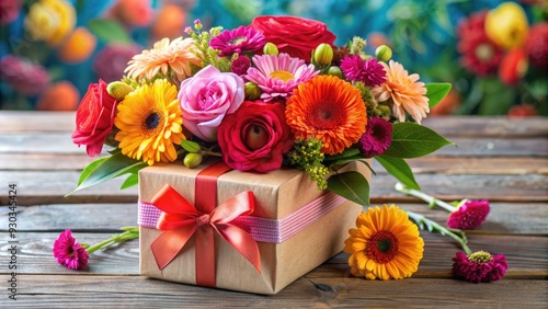 A bright bouquet of colorful flowers spills out of a beautifully wrapped gift box, symbolizing gratitude and heartfelt appreciation in a thoughtful surprise.