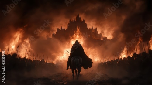 A hooded rider on a white horse charges towards a castle engulfed in flames, amidst a dark and fiery setting, symbolizing determination, fearlessness, and impending battle.