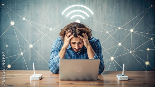 A frustrated person stares at a laptop screen displaying a failed internet connection symbol, surrounded by scattered papers and a broken Wi-Fi router.