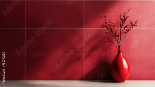 A vibrant red vase holding red branches stands out against a red background, creating a minimalistic and visually appealing composition in contemporary decor style.