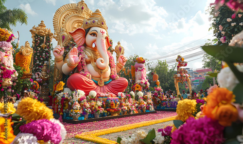 beautiful Lord ganesha pandal during ganesh chathurthi, colourful, decorated with flower garland, diyas on the floor, 2 D illustration style