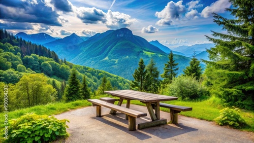 A serene roadside rest stop surrounded by lush greenery, featuring a picnic table, benches, and a scenic overlook with a vast mountain range backdrop.