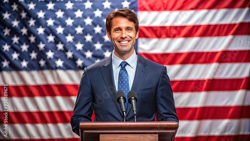 A smiling politician in a suit stands confidently at a podium with American flags behind, gripping the microphone with both hands and looking out proudly.