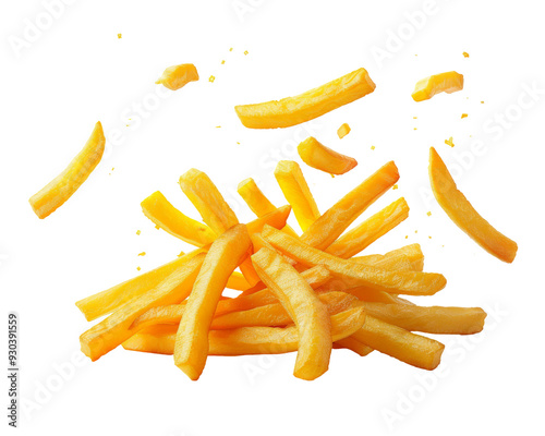 A pile of golden french fries with some scattered in the air.