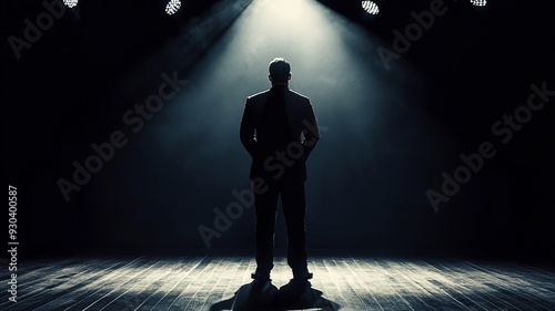 A Confident successful speaker man talking on stage with spotlights