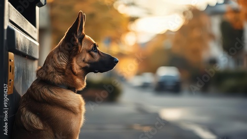 Loyal dog sitting patiently beside a mail carrier in uniform, soft afternoon light, photo realistic, trustworthy service animal