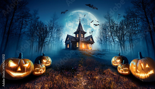 halloween background pumpkins haunted house render set spooky forest night