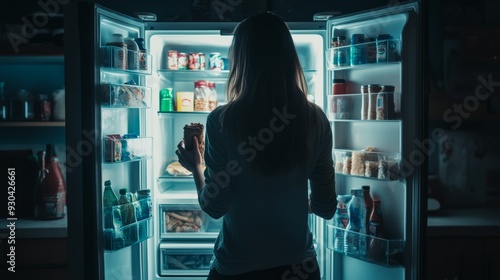 A woman standing in front of an open fridge late at night, grabbing unhealthy snacks. Unhealthy food concept.