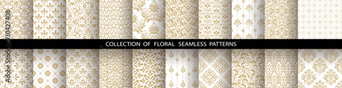 Geometric floral set of seamless patterns. White and golden vector backgrounds. Damask graphic ornaments