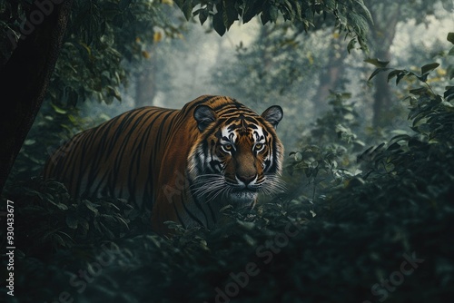 Tiger Stalking Through Dense Jungle Foliage