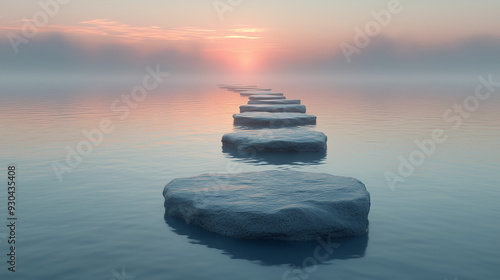 Serene Pathway of Stepping Stones Leading into the Misty Horizon at Sunset Over Calm Water