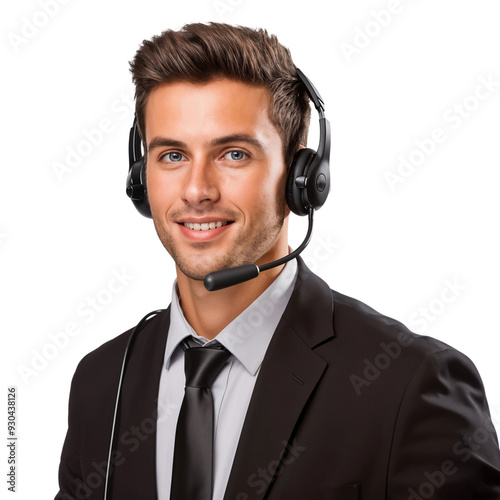 Portrait of a smiling male call center operator worker with a headset, isolated on transparent background