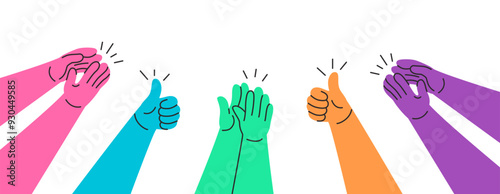 Clapping hands. Colorful doodle hands clapping and giving thumbs up, appreciation and approval concept. Applause claps for celebration of success hand drawn vector illustration.