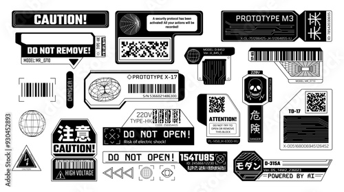 Cyberpunk black stickers. Futuristic warning labels and prototype tags with barcode. Cyber caution and attention digital error message signs vector set.