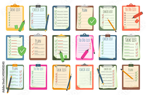 Planning clipboards. Task checklists and To Do lists with pen, pencil or markers. Productivity plan list, interview checklist and work progress boards cartoon vector illustration set.