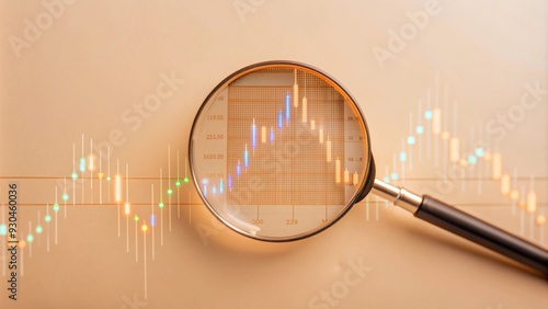 Magnifying glass zooms in on digital financial charts, glowing data points, high-tech, photorealistic