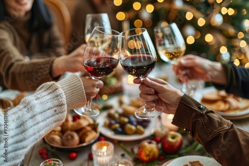 A group of friends toasting with wine glasses at the dining table, surrounded by food and decorations Generative AI