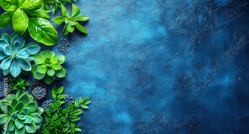 Succulents and Greenery on Blue Background: A vibrant border of succulents and greenery against a deep blue backdrop. Create a serene and natural aesthetic for your designs, inviting a sense of tranq