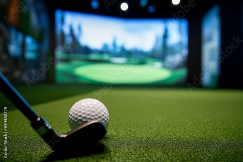 Golf Simulator Experience: Precision and Fun on the Green - A golf ball rests on the green carpet, a putter nearby, with a large screen in the background showcasing a virtual golf course. This image r