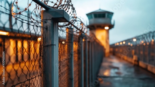 Close-up of a barbed wire fence with a blurred guard tower in the background, depicting a high-security prison environment.