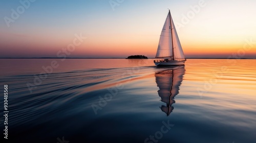 An image of a sailboat sailing on a calm sea during sunset, reflecting beautifully on the water with a small island in the distance and an amazing serene atmosphere.