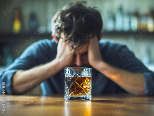 Alcohol addiction treatment, suffering from alcoholism, a depressed young man refuses, to push out a glass of alcoholic beverage