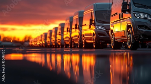 Fleet of vans glowing under a fiery sunset, smooth reflections on the pavement, peaceful yet powerful transportation scene, ultra-detailed