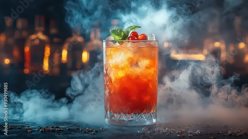 luxurious cocktail with rich garnishes and a halo of fog floating above it, offering a sense of grandeur and indulgence