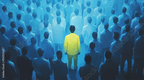 A solitary figure in a vibrant yellow suit stands out in a sea of faceless individuals, symbolizing uniqueness and individuality.