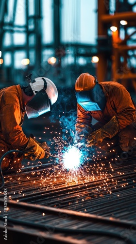 Offshore workers welding metal on an oil platform, with sparks flying from the welding process. The workers wear protective safety gear and helmets, highlighting the industrial setting.