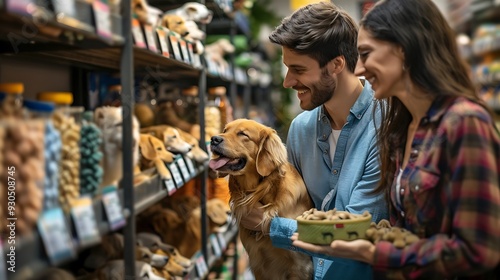 Couple shopping for dog supplies in a pet store, highlighting the pet care industry.