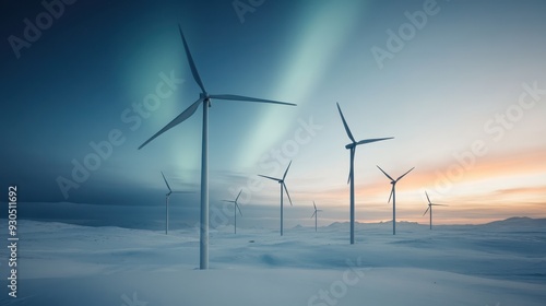 Several modern wind turbines are pictured against the backdrop of a night sky, showing a hint of aurora borealis. The landscape is blanketed in snow bathed in twilight glow.