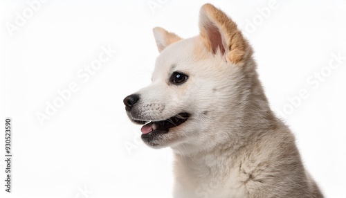 笑顔の紀州犬の子犬のポートレート（Portrait of a smiling kisyu inu puppy on white background） 