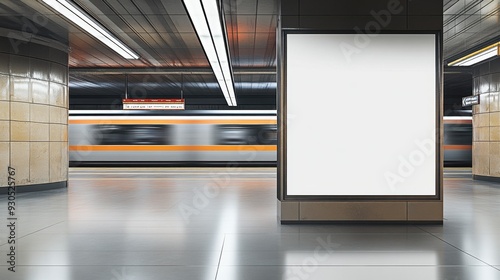 Mockup of a blank poster in a realistic subway station, with the background of a passing train, offering space for bold urban advertising concepts.