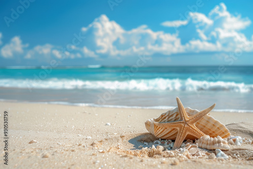 Playa de ensueño con agua cristalina y arena blanca. Playa decorada con conchas y estrellas de mar. Fondo, recurso gráfico. 