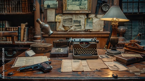 A vintage office desk adorned with an old typewriter, rotary phone, table lamp, magnifying glass, and a pistol, exuding an atmosphere of classic mystery and intrigue.