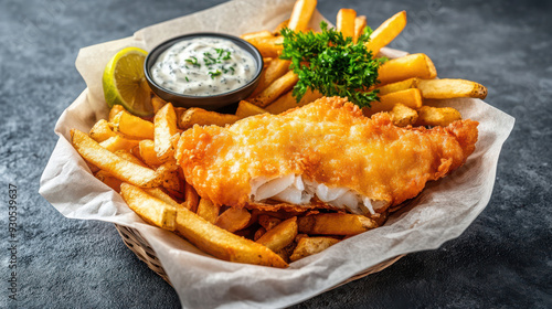 A traditional English fish and chips with golden fried fish, crispy fries, and a side of tartar sauce