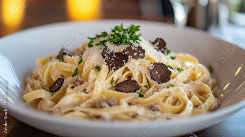 A luxurious truffle pasta with fresh fettuccine, creamy truffle sauce, and shaved black truffles, garnished with Parmesan cheese and fresh parsley.