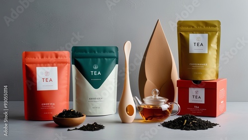 Product photos with eye catching shapes to represent tea packaging products