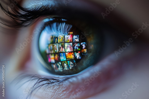 Woman's eye reflecting grid of social media feeds and pictures . Concept of online content consumption and technology influence