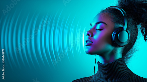 A serene listener with headphones on, with sound waves radiating outward, depicting the calming and immersive nature of podcast listening